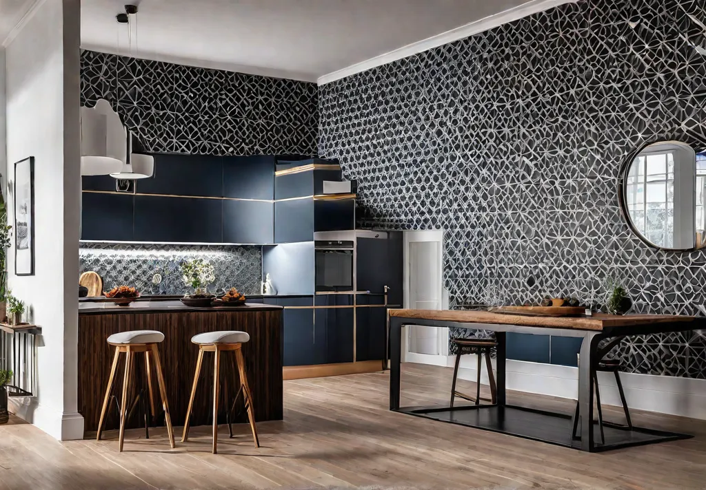 A modern openplan kitchen where a vibrant geometric wallpaper defines the diningfeat