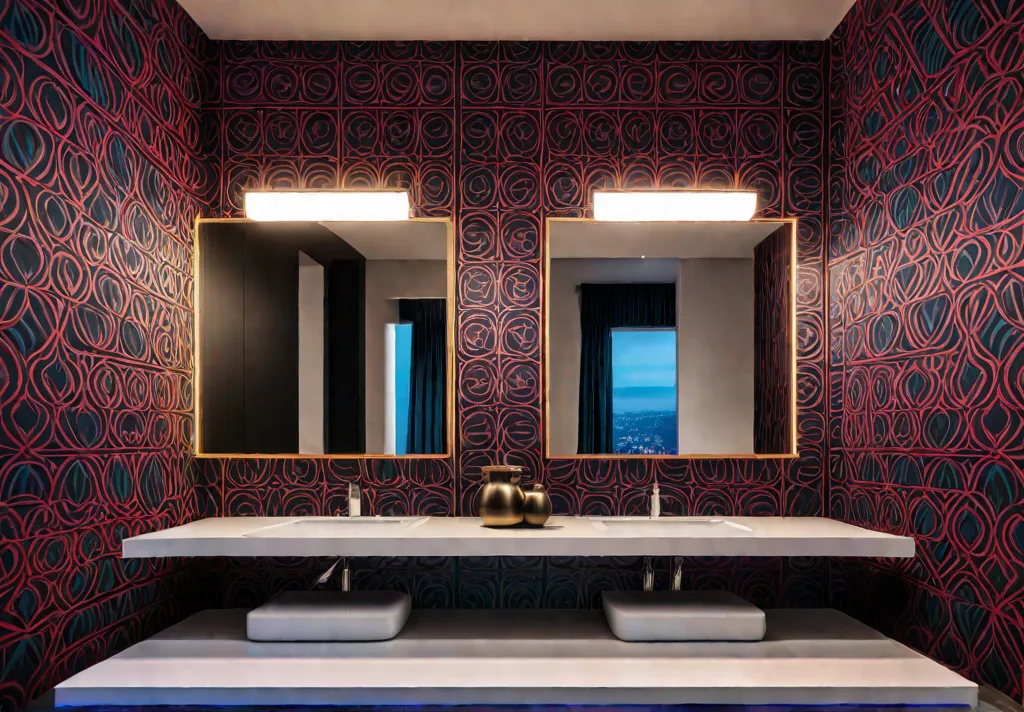A powder room adorned with bold geometric wallpaper in vibrant colors Thefeat