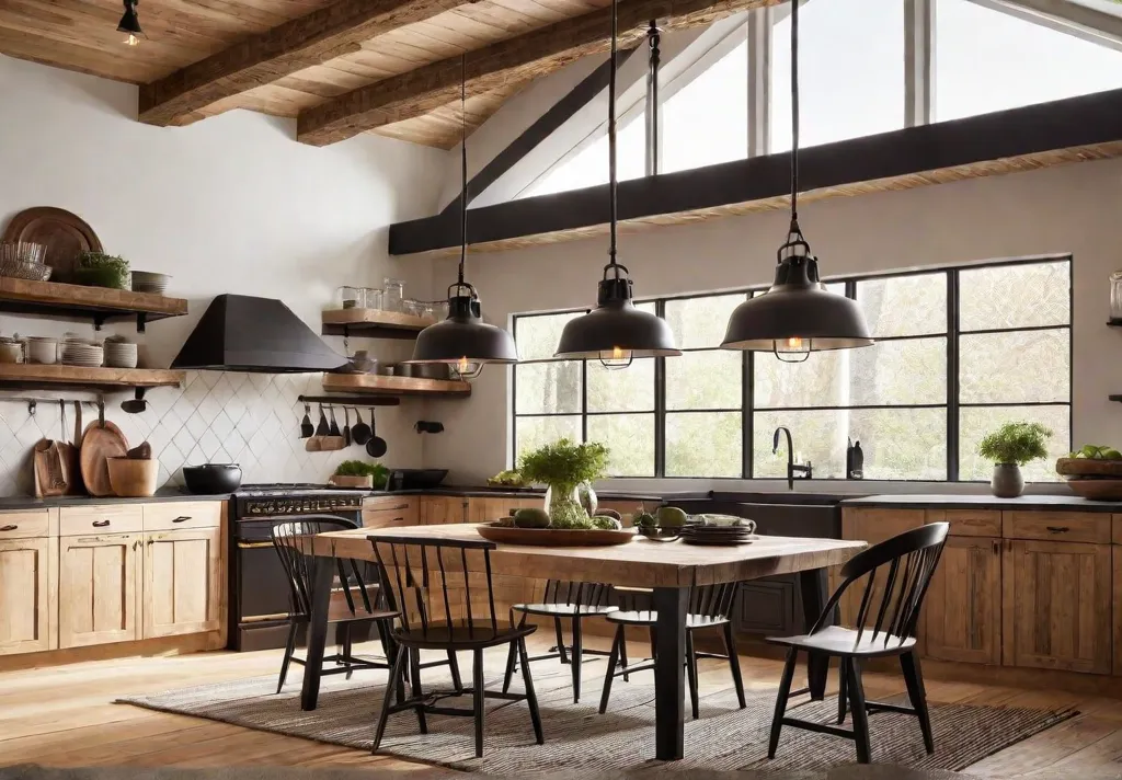 A rustic farmhouse kitchen featuring a wooden table illuminated by a triofeat