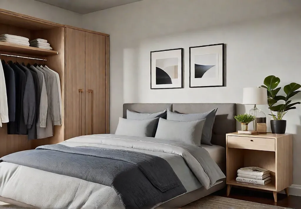 A serene bedroom with soft morning light streaming through the window highlightingfeat