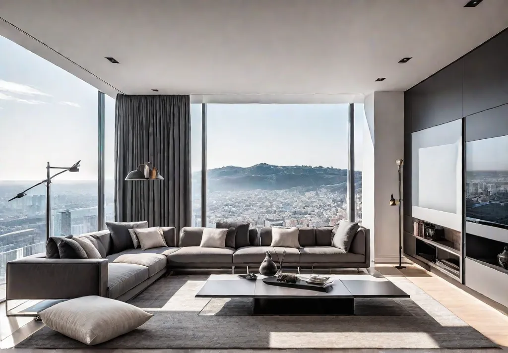 A sleek and modern living room with a large window offering panoramicfeat
