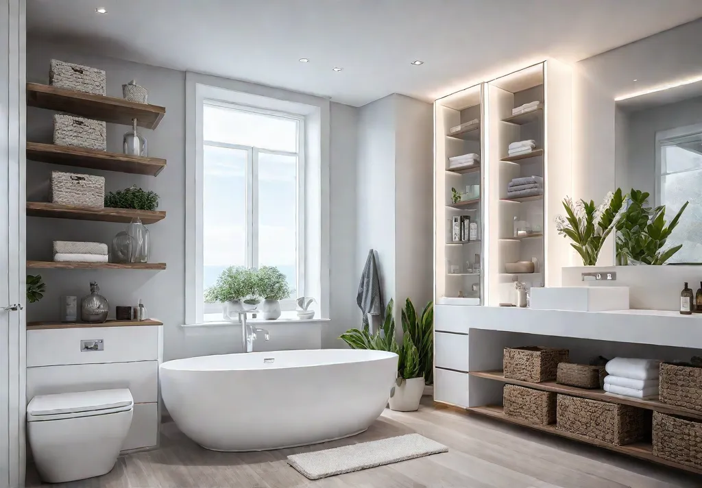 A small bathroom with a light and airy feel featuring clever storagefeat