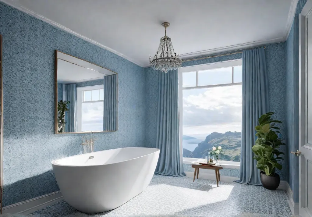 A small bathroom with light blue wallpaper featuring a small intricate floralfeat