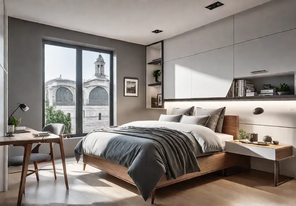 A small bedroom with a light and airy feel featuring multifunctional furniturefeat