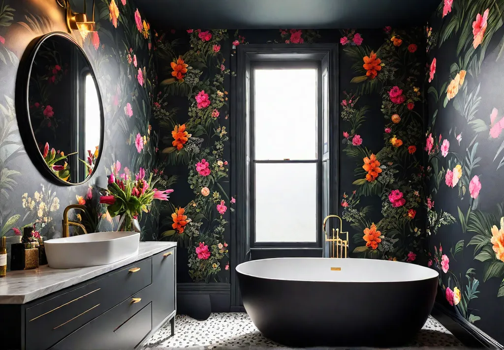 A small chic bathroom with walls covered in bold botanical wallpaper featuringfeat