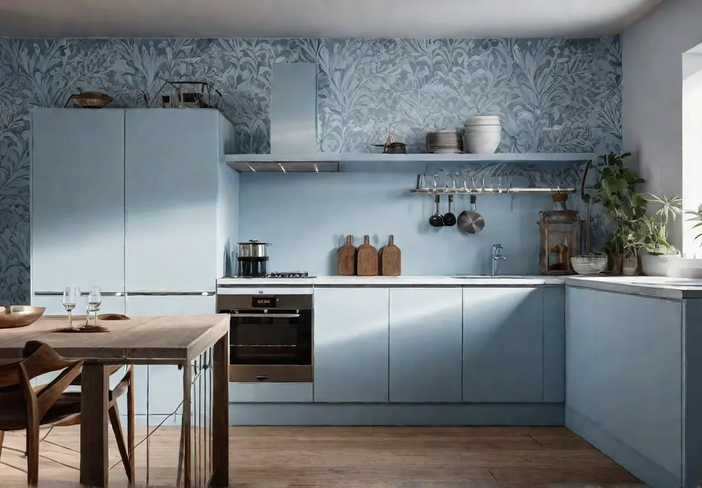 A small kitchen bathed in sunlight with pale blue wallpaper adorned withfeat