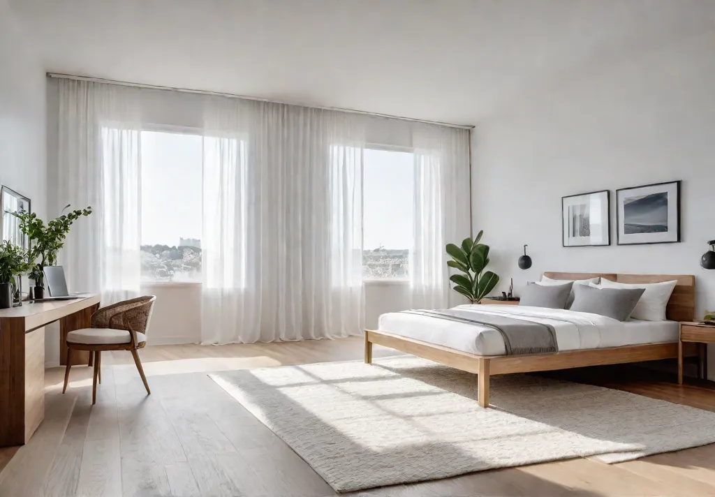A small minimalist bedroom flooded with natural light from a large windowfeat