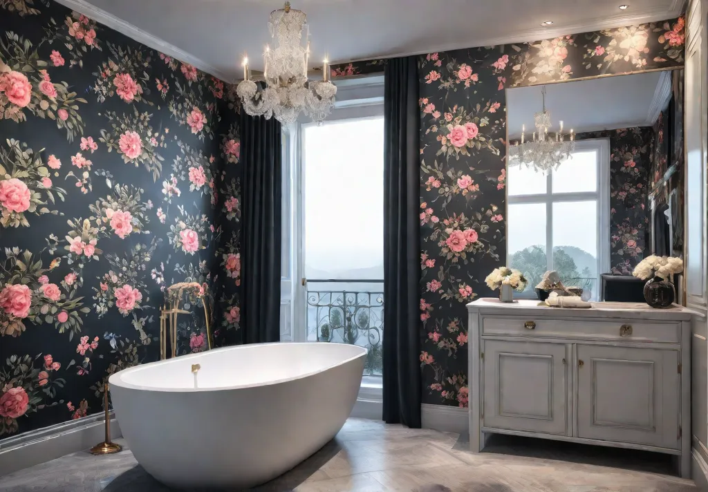 A small modern bathroom with floral wallpaper featuring a bathtub vanity andfeat