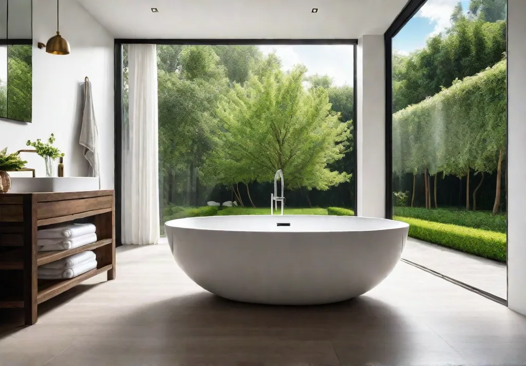 A sundrenched modern bathroom with a freestanding bathtub overlooking a lush greenfeat