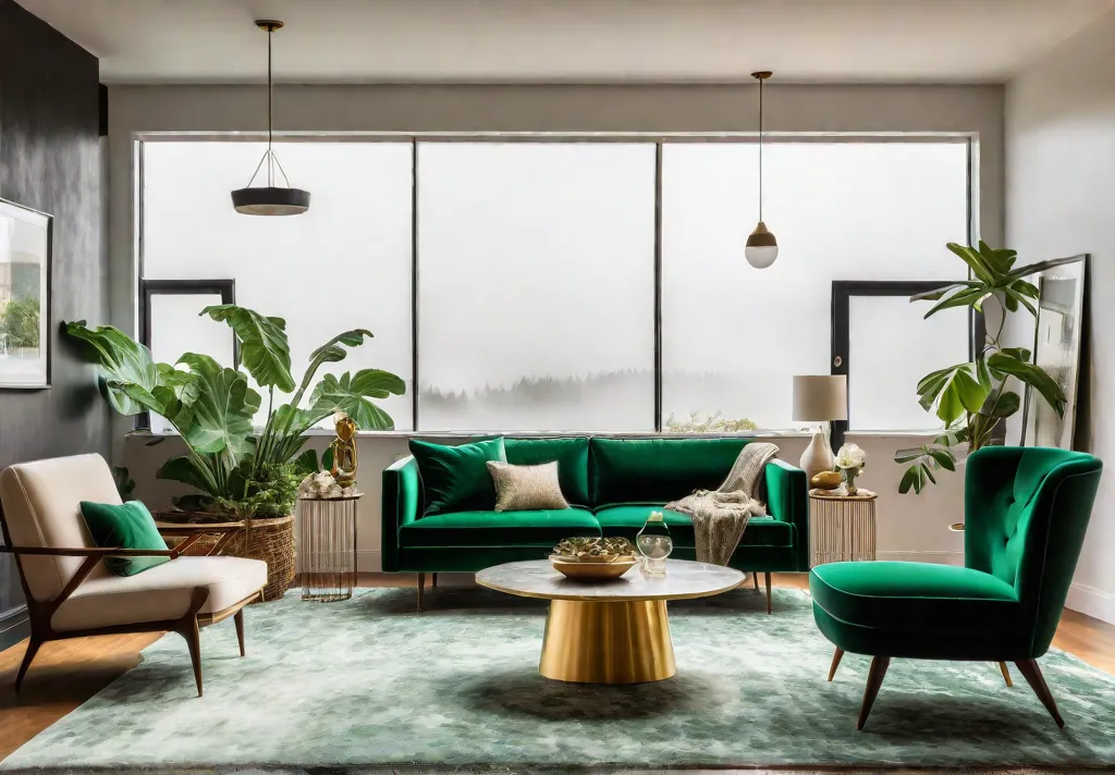 A sunlit eclectic living room with a vintage velvet sofa in emeraldfeat