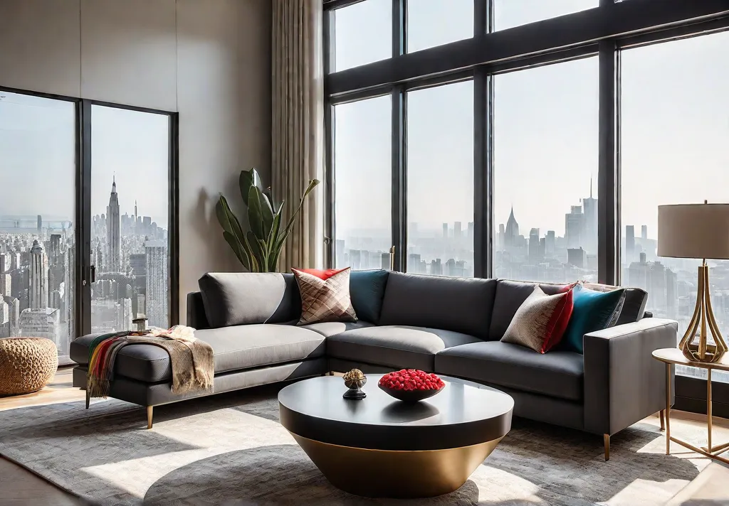 A sunlit living room furnished with a sleek modern sectional sofa infeat