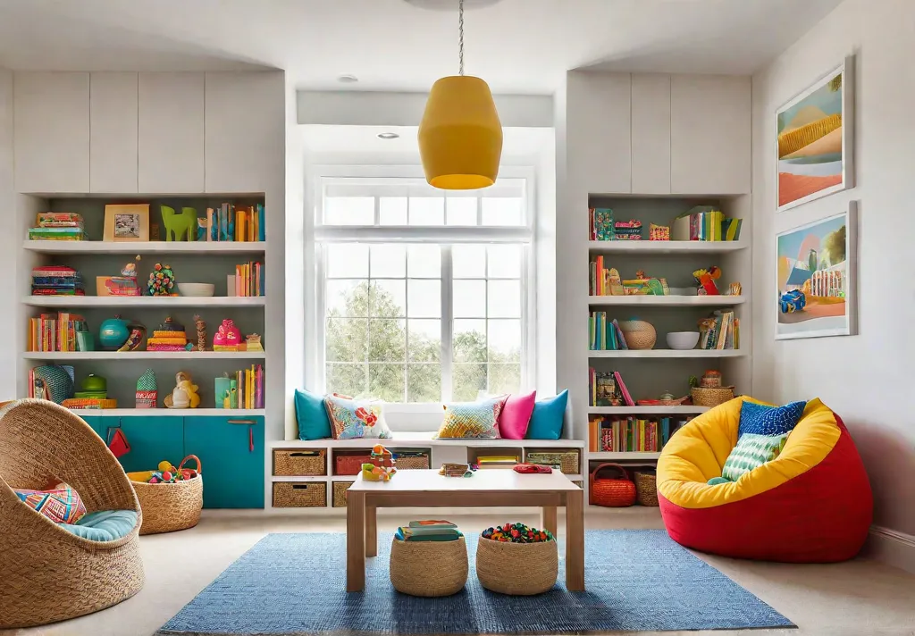 A vibrant childrens playroom bathed in natural light featuring a reading nookfeat