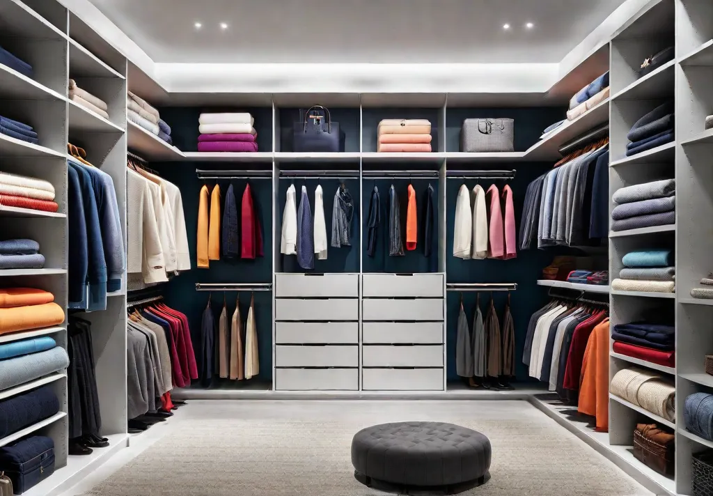 A walkin closet boasts a custom organization system with floortoceiling builtin shelvesfeat