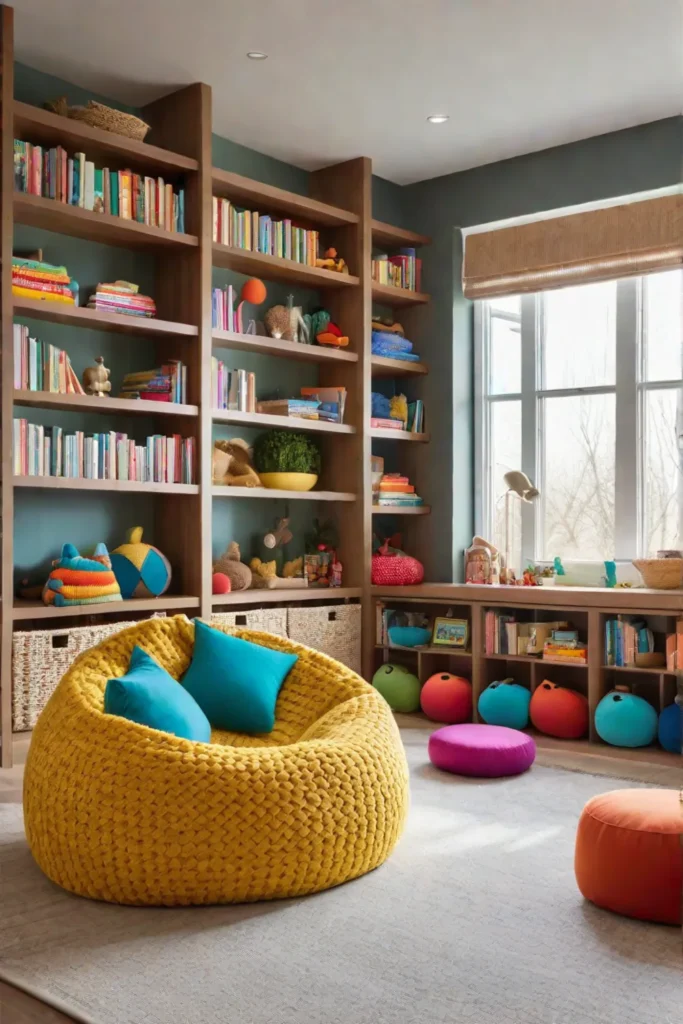 A sunlit playroom with a reading nook and play area