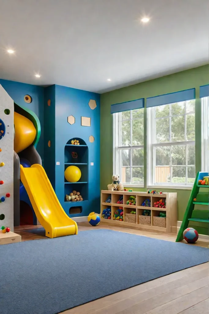 Active playroom with storage solutions for toys and sports equipment