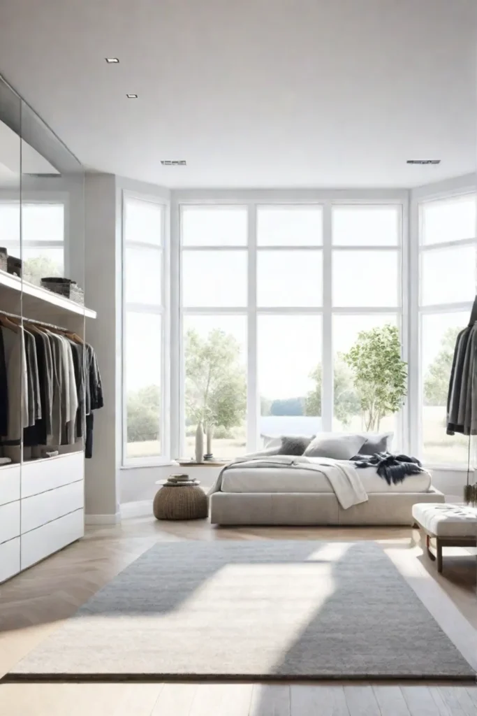 Airy bedroom with a wellorganized walkin closet and a focus on maximizing natural light