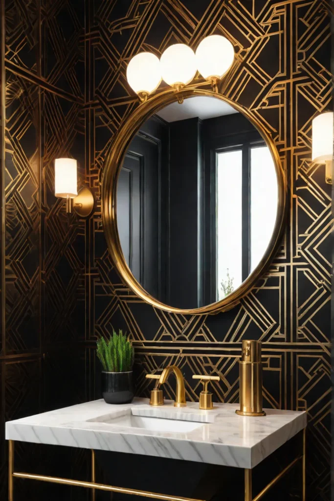 Art Deco wallpaper powder room black and gold glamorous
