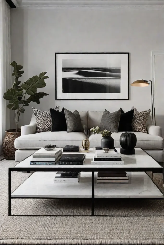 Art books and a framed photograph add personality to a minimalist coffee table
