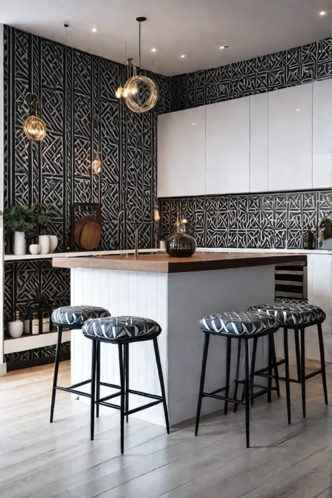 Bar stools with geometric patterned wallpaper upholstery
