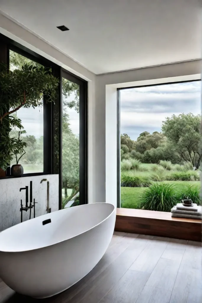 Bathroom retreat with soaking tub and garden view