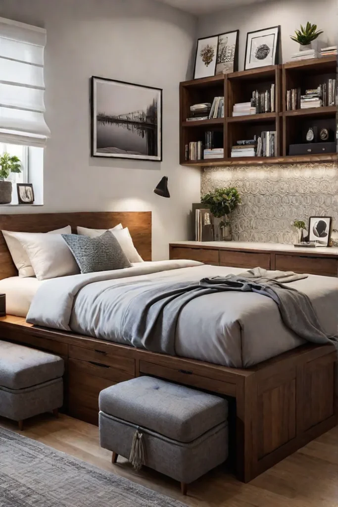 Bedroom featuring multifunctional furniture and storage ottoman