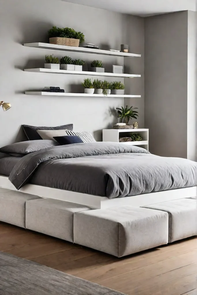 Bedroom with platform bed and floating shelves for storage