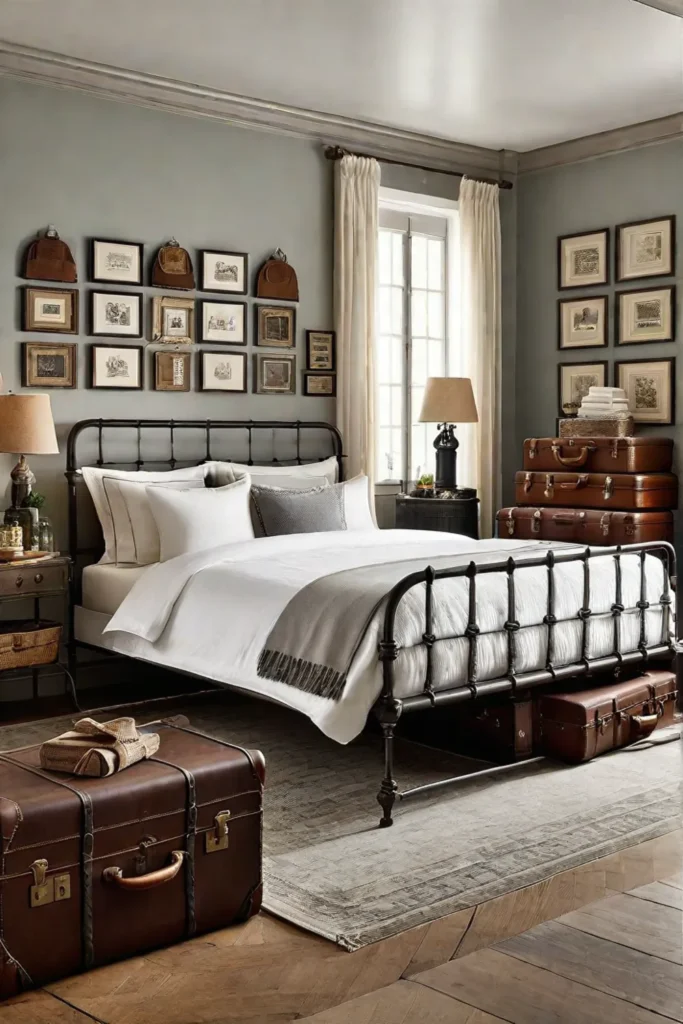 Bedroom with vintage decor and organized storage using antique suitcases and trunks