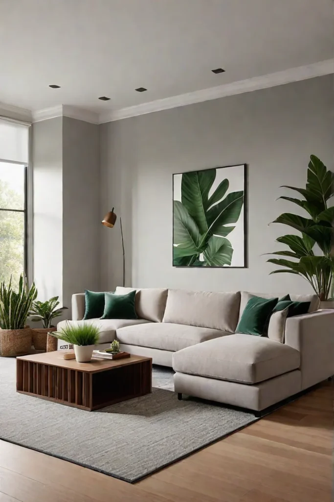 Beige sectional sofa and a minimalist coffee table in a spacious living room