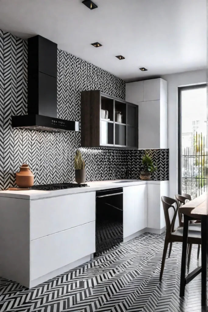 Black and white kitchen with herringbone tile