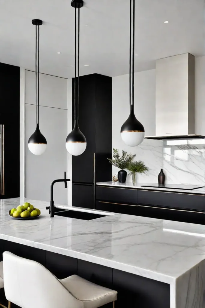 Black pendant lights above a white marble island