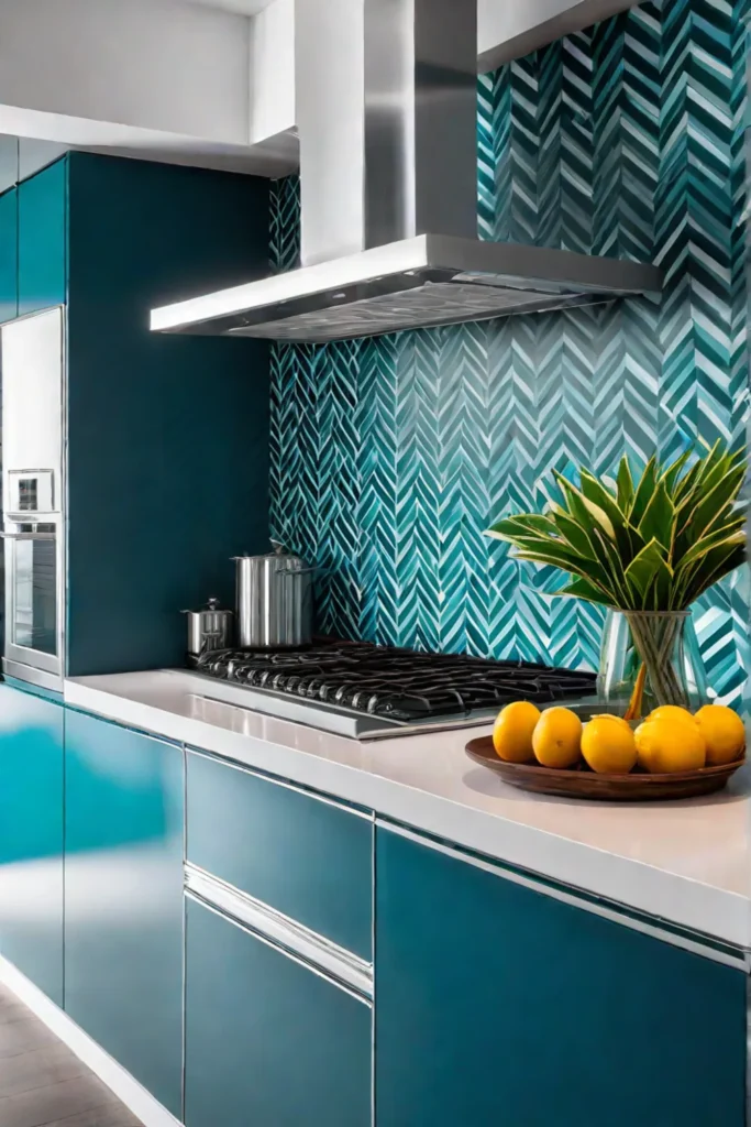 Blue and green wallpaper adding color to a white kitchen