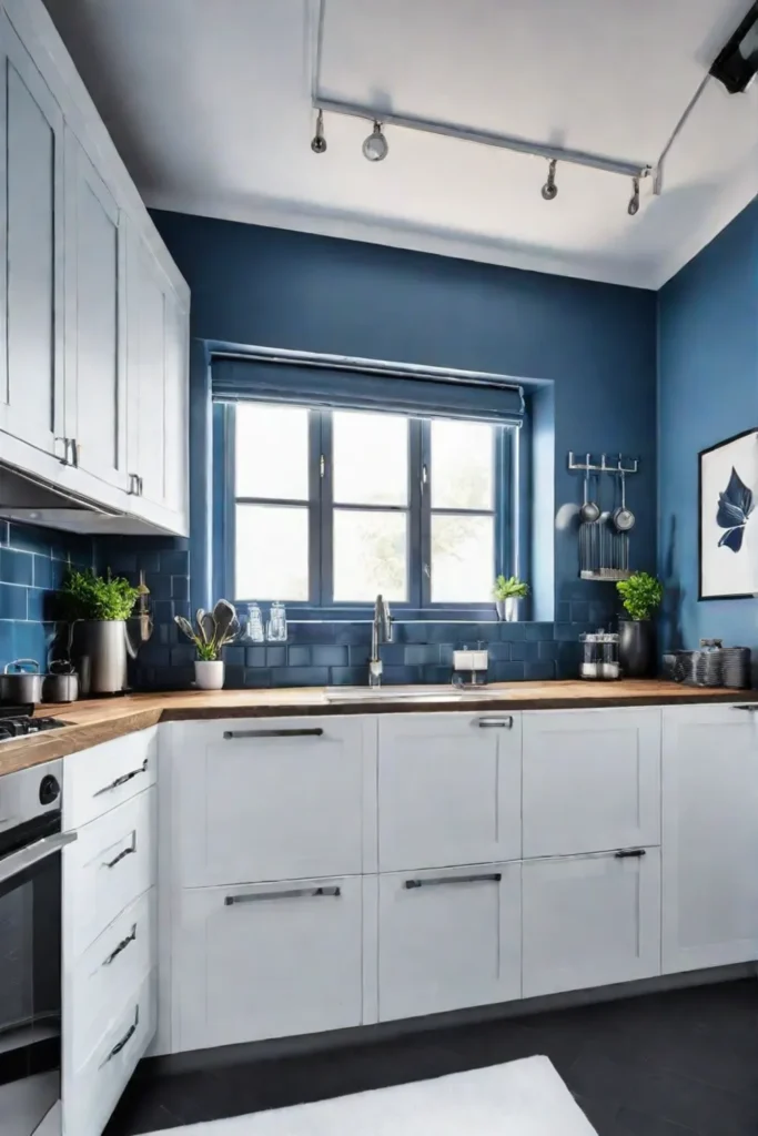 Blue and white small kitchen design