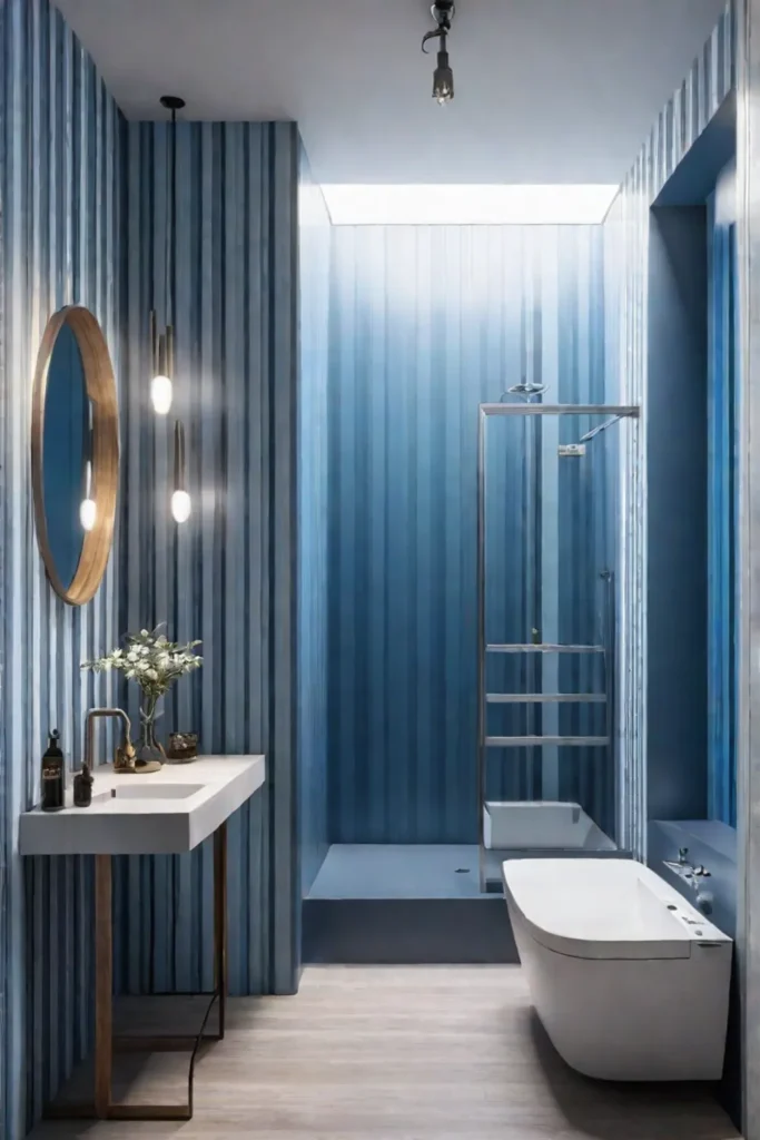 Blue striped wallpaper bathroom illusion of height