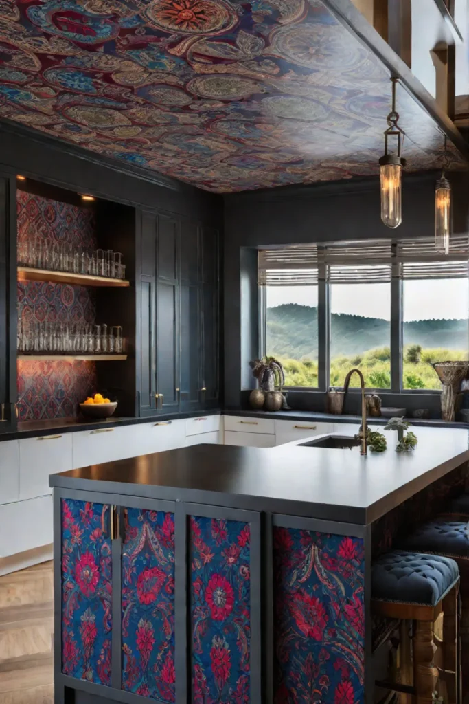 Bohemian kitchen with a colorful wallpaper accent