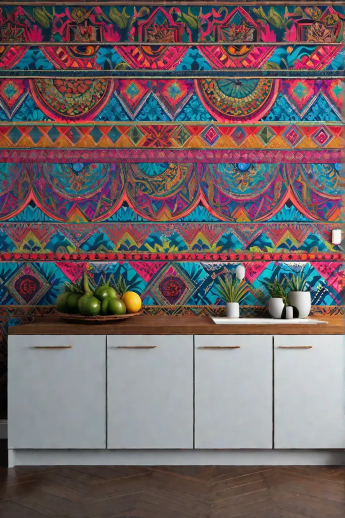 Bohemian kitchen with globalpatterned wallpaper and colorful decor