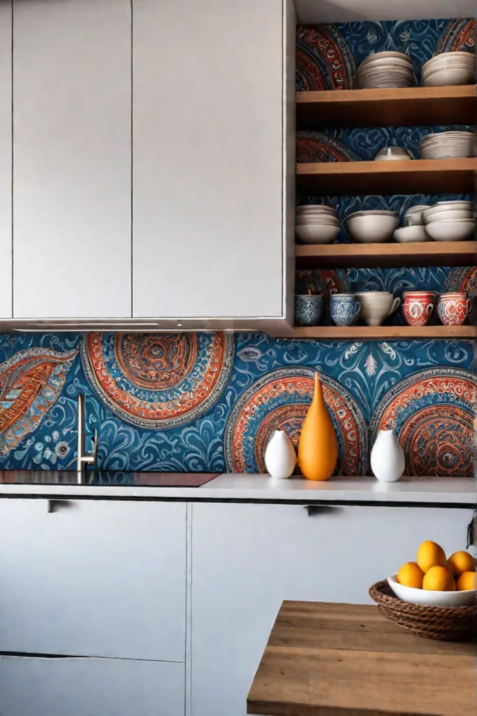 Bohemian kitchen with paisley wallpaper and open shelving