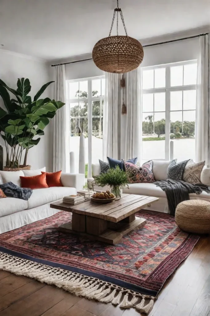 Bohemian living room with affordable modern furniture