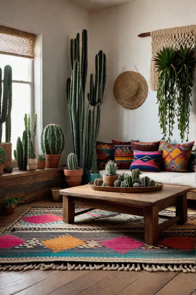Bohemian living room with cacti succulents and natural textures