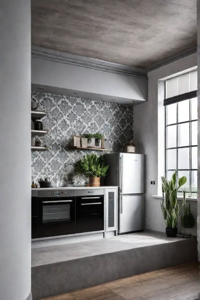 Bold removable wallpaper in neutral kitchen