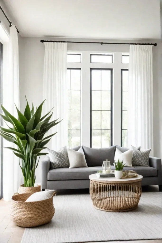 Bright living room with natural light and a snake plant