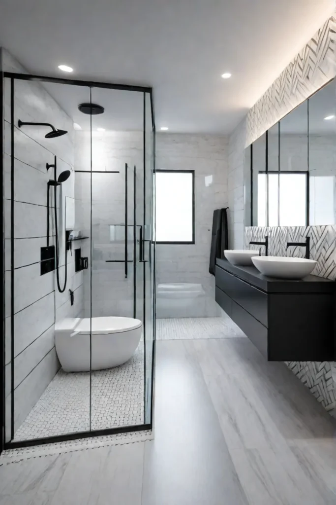 Chic bathroom with geometric shapes and a monochromatic palette