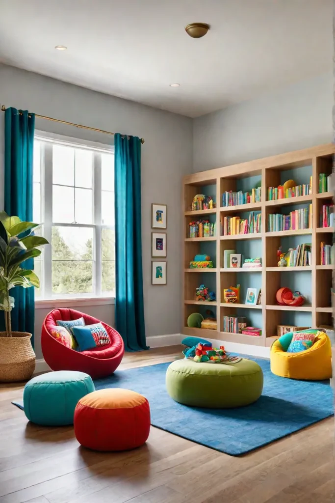 Childrens playroom with organized toys and books