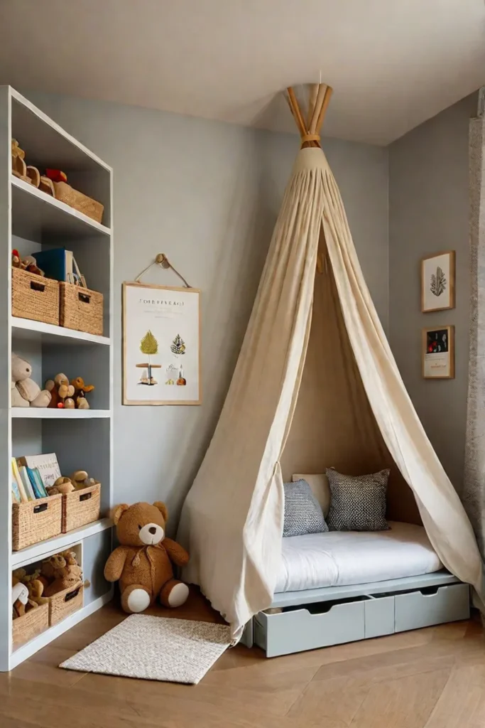Childs bedroom with low shelves and openended toys