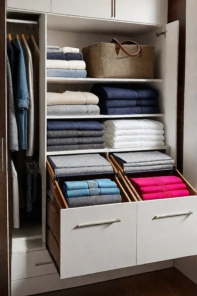 Closet with folded clothes using spacesaving techniques