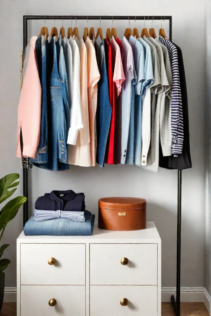 Clothing rack with fashionable clothes in a bedroom corner