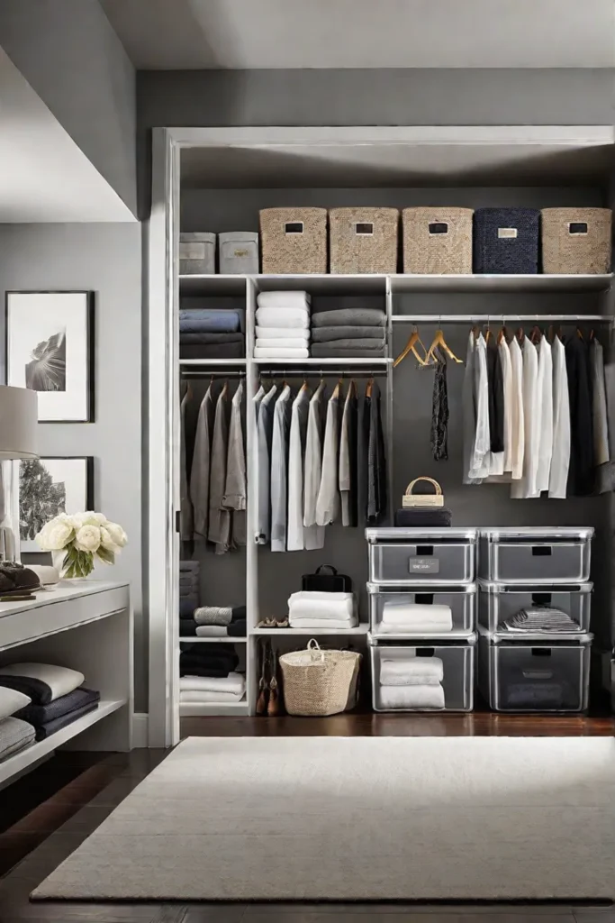 Clutterfree bedroom with categorized clothing storage