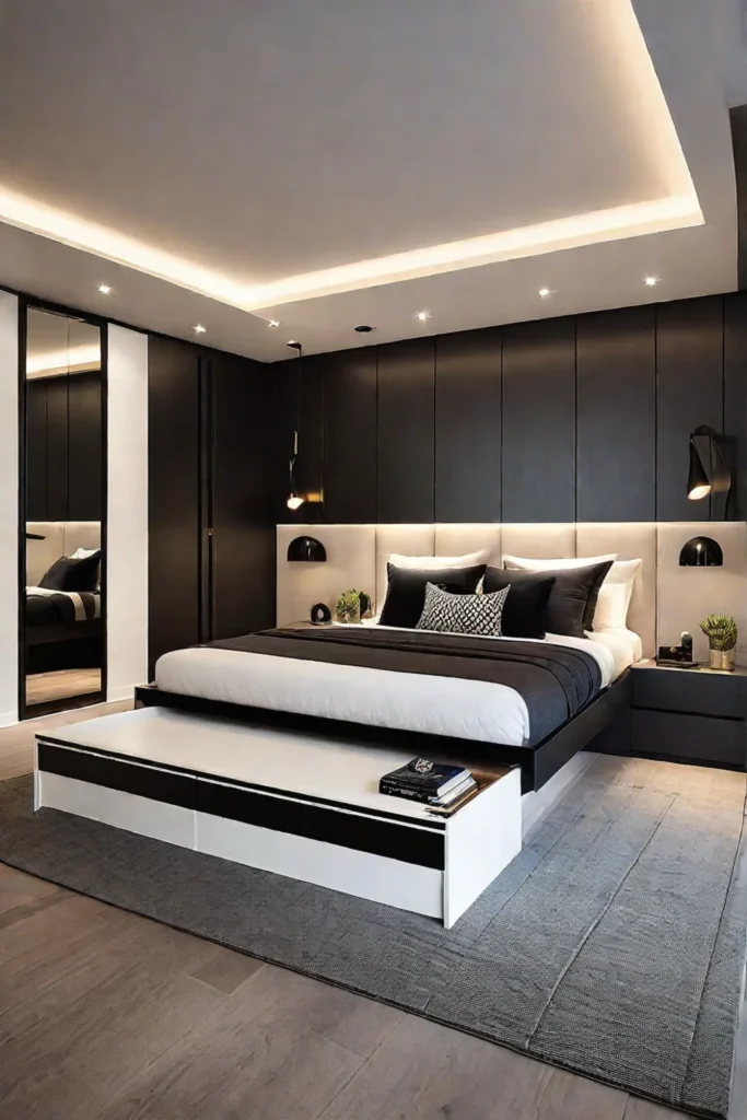 Clutterfree bedroom with platform bed and discreet storage drawers promoting a sense of calm