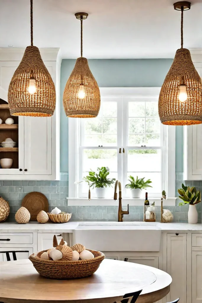Coastal kitchen with woven pendant lights