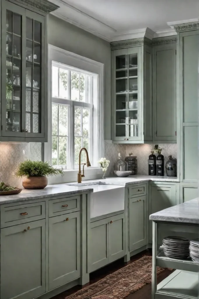 Cohesive kitchen design with floral wallpaper and shaker cabinets