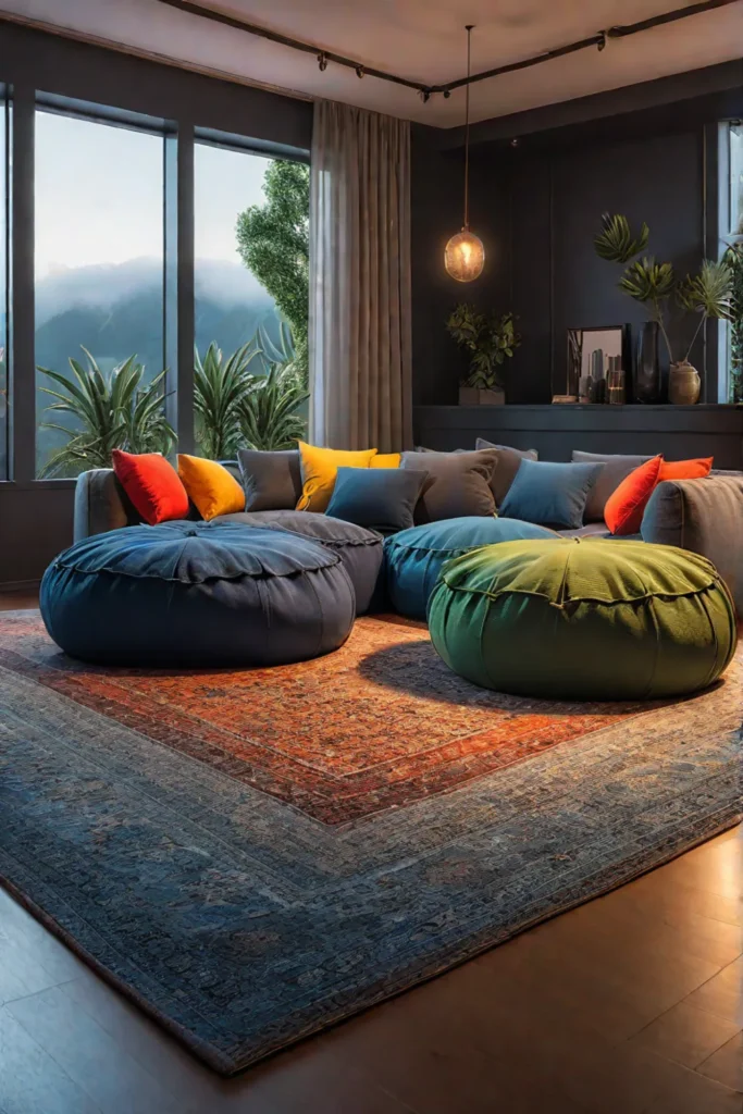 Colorful bean bags arranged playfully for casual seating